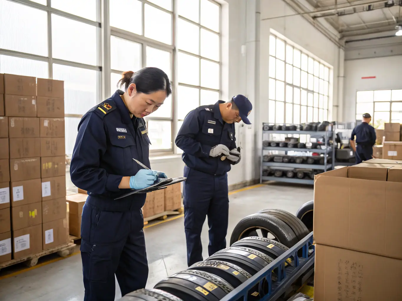 A professional photograph of JMJ Solutions staff inspecting a vehicle in a warehouse, ready for export, with customs clearance documents visible in the background.