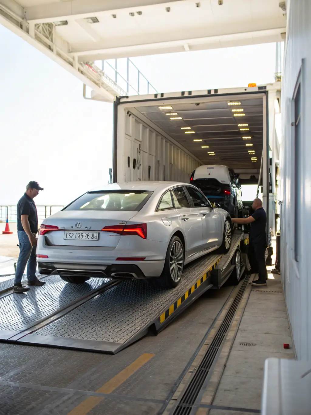 A sleek image depicting a luxury car being safely loaded onto a transport carrier, symbolizing JMJ Solutions' comprehensive handling of logistics.