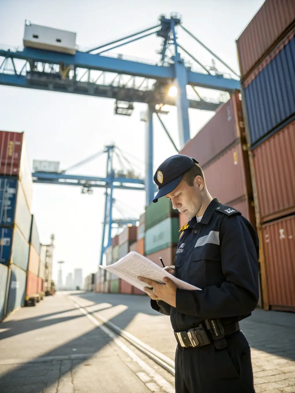 A photograph of JMJ Solutions staff handling customs paperwork at a busy port, emphasizing the customs clearance process.