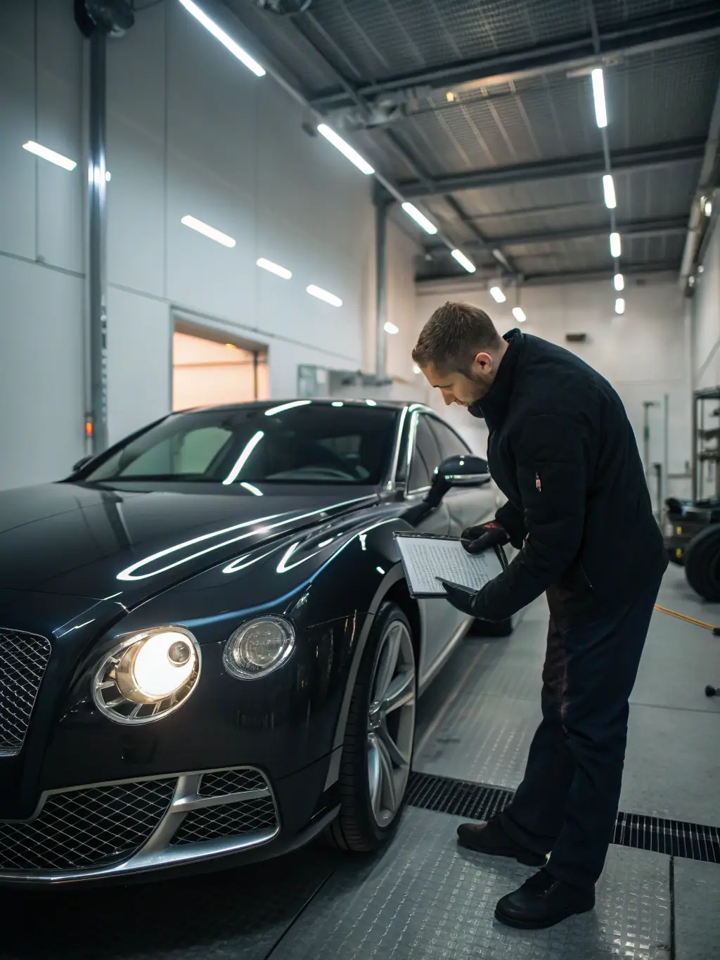 A professional photograph showcasing JMJ Solutions' team of experts inspecting a high-end vehicle in a modern facility, emphasizing their meticulous attention to detail.