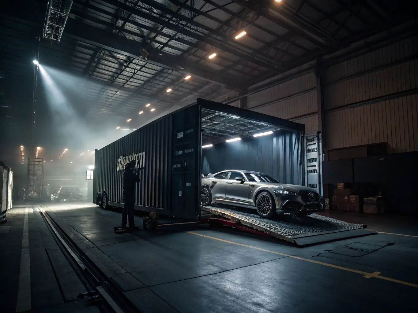 A photograph of a JMJ Solutions vehicle being unloaded at a port in a target export country, showcasing the final delivery stage.