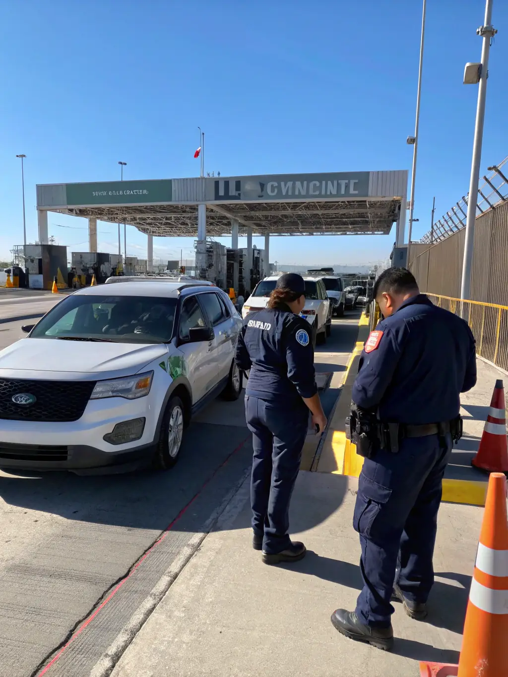 A detailed image of customs officials inspecting a vehicle, focusing on the meticulous customs clearance process managed by JMJ Solutions.