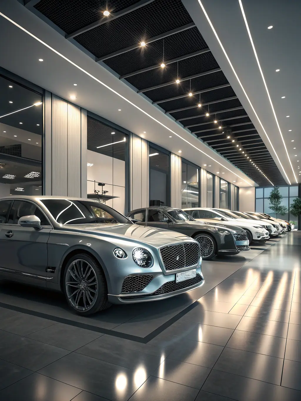 A professional photograph of a diverse selection of luxury vehicles at a high-end car auction, emphasizing the sourcing capabilities of JMJ Solutions.