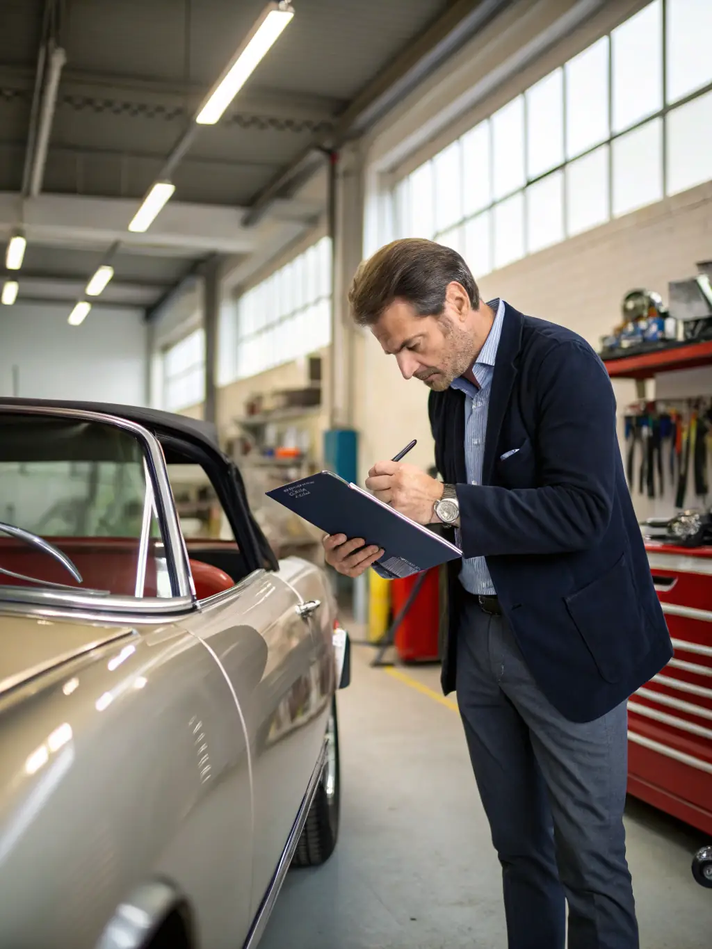 A professional photograph showcasing a JMJ Solutions representative inspecting a vehicle at a US car auction, highlighting the initial sourcing stage of the import process.